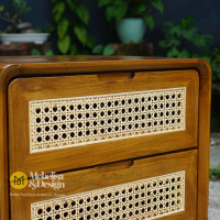 Meja Bedside Retro 2 Laci Anyaman Rotan Kayu Jati