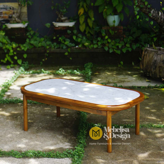 Meja Kopi Ruang Tamu Top Marmer Rangka Jati