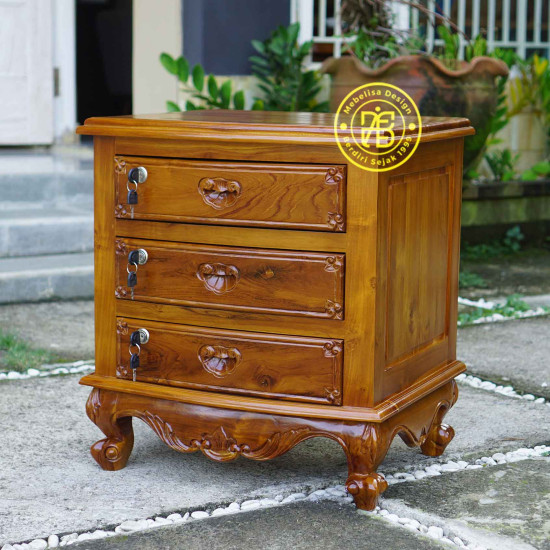 Nakas Bedside Jati Ukiran Jepara 3 Laci