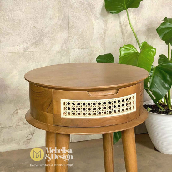 Nakas Bedside Retro Bulat Kayu Jati Mix Rotan