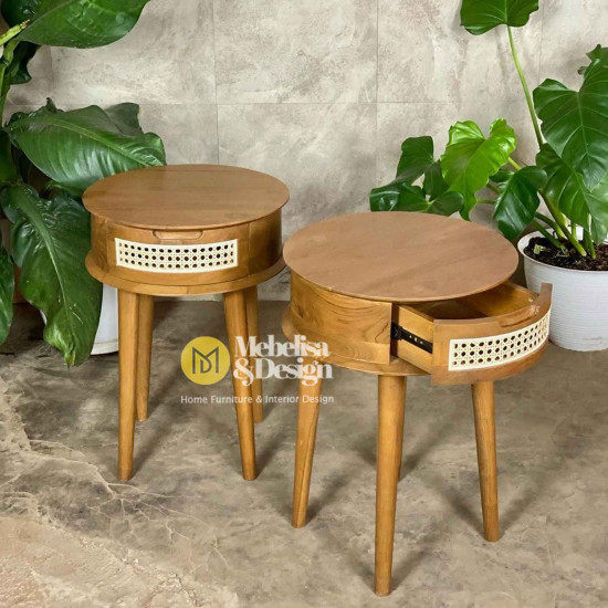Nakas Bedside Retro Bulat Kayu Jati Mix Rotan