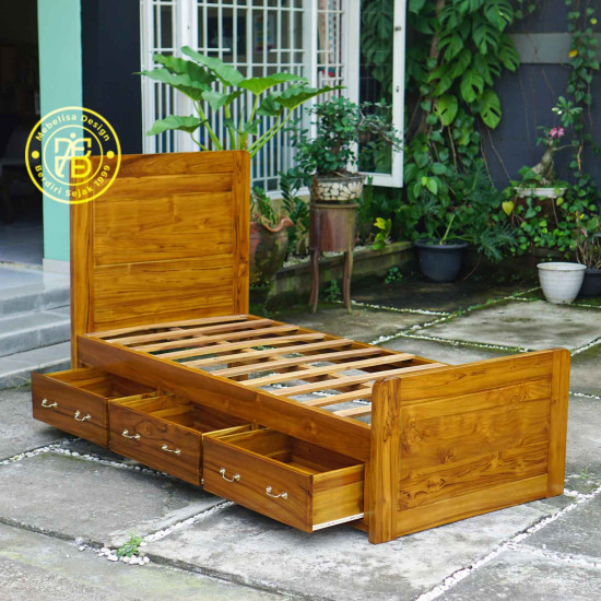 Ranjang Tempat Tidur Anak Minimalis Kayu Jati 3 Laci