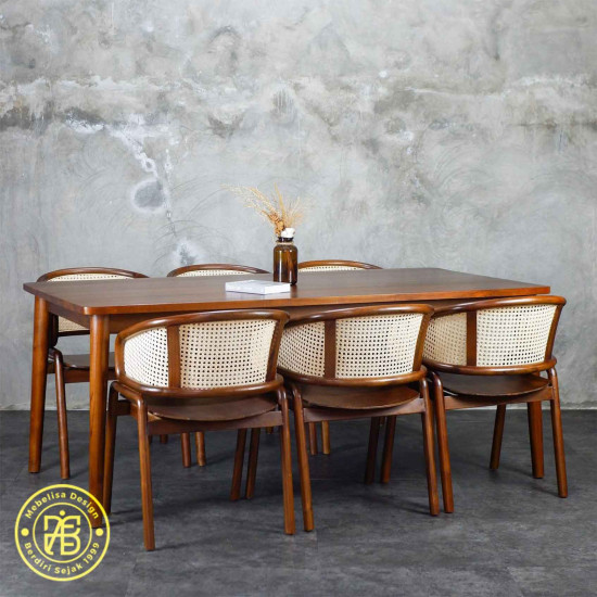 Set Kursi Meja Makan Retro Kombinasi Anyaman Rotan 6K