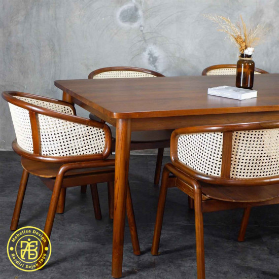 Set Kursi Meja Makan Retro Kombinasi Anyaman Rotan 6K