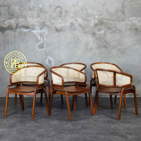 Set Kursi Meja Makan Retro Kombinasi Anyaman Rotan 6K