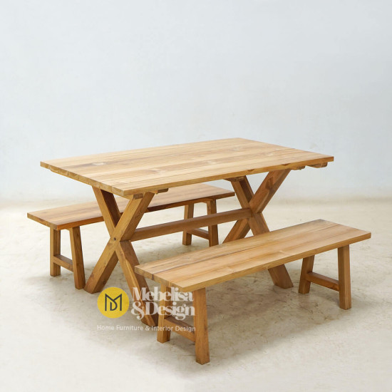 Teak Wood Minimalist Outdoor Garden Bench Table Set