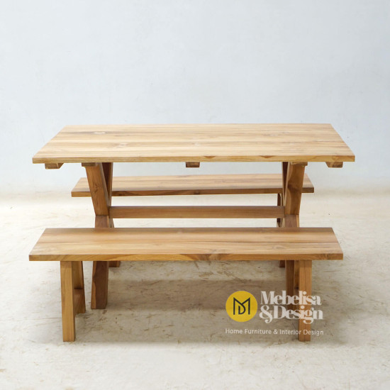 Teak Wood Minimalist Outdoor Garden Bench Table Set