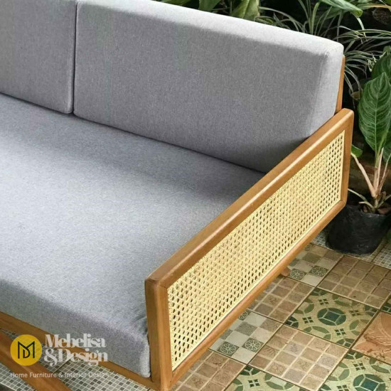 Sofa Bench Kayu Jati Kombinasi Rotan Scandinavian