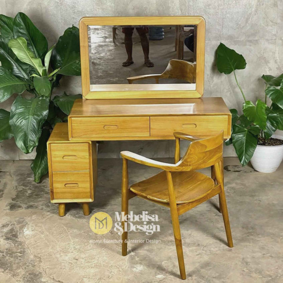 Tolet Meja Rias Minimalis Kayu Jati Set Kursi Retro