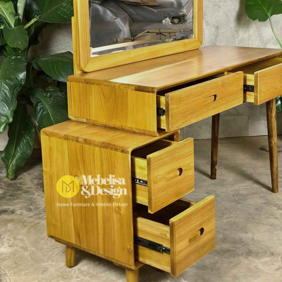 Tolet Meja Rias Minimalis Kayu Jati Set Kursi Retro